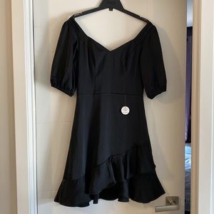 Chi Chi London Satin Black Puff Sleeve Ruffle Detail Knee Length Dress